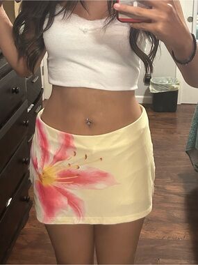 Yellow Floral Mini Skirt with Pink Accent